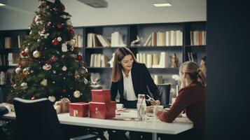 ai generativo negocio personas en Navidad oficina social reunión, reunión, fiesta foto