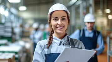 a Positive smiling female technologist holding checklist inside the food processing factory. Industrial food. Generative Ai photo