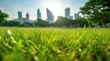 Bangkok hermosa ver desde lumpini parque. verde césped campo en parque a ciudad centrar con oficina edificio urbano antecedentes tailandia generativo ai foto