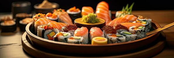 crujiente maki o un Sushi plato en restaurante. japonés alimento. generativo ai foto