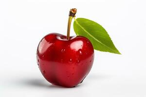 Cherries with leaves on a wooden table with copy space. Ai Generated photo