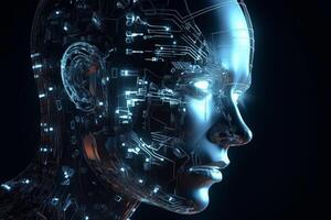 3d rendering of cyborg head with circuit board on black background photo