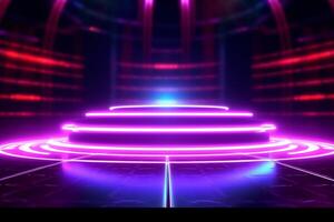 Abstract neon background with round podium. Futuristic style. illustration. Ai Generated photo