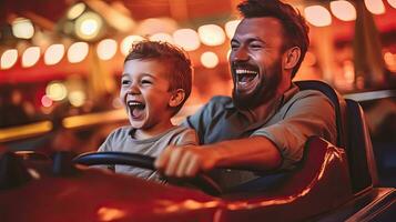 alegre padre y hijo y tener divertido mientras conducción un parachoque coche en un diversión parque. generativo ai foto