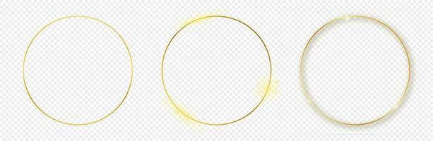 Set of three gold glowing circle frames isolated on background. Shiny frame with glowing effects. Vector illustration.