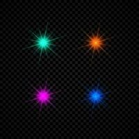 Light effect of lens flares. Set of four green, orange, purple and blue glowing lights starburst effects with sparkles on a dark background. Vector illustration