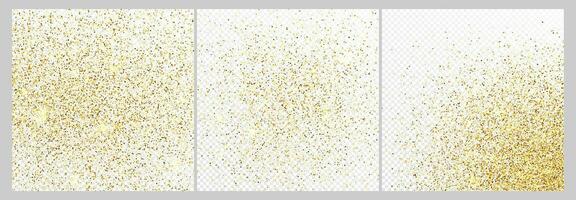 Set of three gold glitter confetti backdrops isolated on white backgrounds. Celebratory texture with shining light effect. Vector illustration.