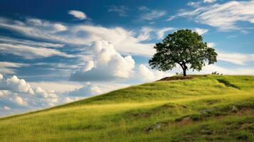 Landscape view of one big tree on the top of the hill with green grass on a hillside with blue sky and clouds in the background. Generative Ai photo