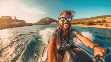 alegre hermoso hombre conducción un chorro esquí durante verano vacaciones. generativo ai foto