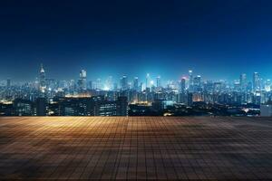 madera piso y paisaje urbano de a noche, ai generado foto