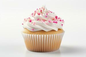 Cupcake with pink sprinkles on white background, close up AI Generated photo