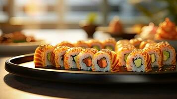 crujiente maki o un Sushi plato en restaurante. japonés alimento. generativo ai foto