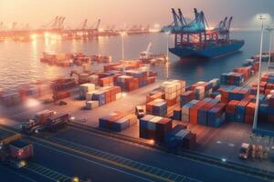 Container Cargo freight ship with working crane bridge in shipyard for Import Export background. photo
