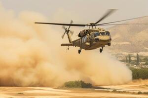 Helicopter in the desert at sunset. Shallow depth of field. photo