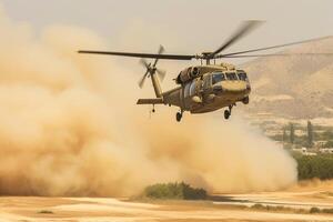 Helicopter in the desert at sunset. Shallow depth of field. Ai Generated photo