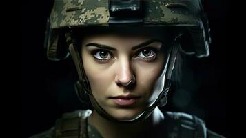 A strong looking woman wearing military uniform including camouflage fatigues and a helmet. She is ready for war to protect and serve her country. Generative Ai photo