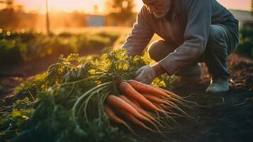 A farmer picked carrots on the soil in a field, agriculture, carrot farming. Generative Ai photo