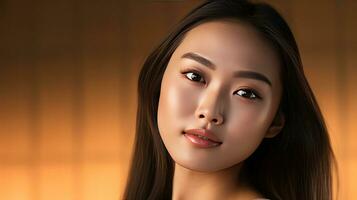 retrato de asiático hermosa mujer con suave salud piel rostro. belleza y productos cosméticos protección de la piel publicidad concepto. generativo ai foto