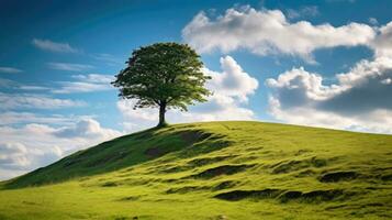 paisaje ver de uno grande árbol en el parte superior de el colina con verde césped en un ladera con azul cielo y nubes en el antecedentes. generativo ai foto