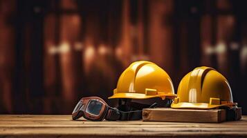 a Helmet of construction worker tools on brown wooden background with copy space, space for text design. Construction Banner. Generative Ai photo