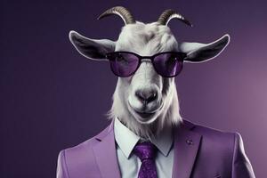 empresario retrato de cabra en traje y Corbata en aislado púrpura antecedentes ai generado foto