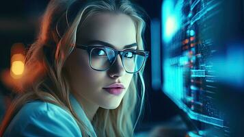 Close up face of professional it specialist female wear glasses using device writing code computer network maintenance. Generative Ai photo