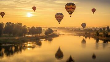 Group of Hot air balloons flying over beautiful landscape and river. Generative Ai photo