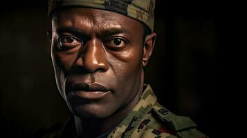 African man wearing camouflage uniform. Portrait of Black Soldier. Generative Ai photo