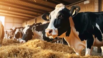 Cows eating hay in cowshed on beef cattle farm. meat production livestock industry. Generative Ai photo