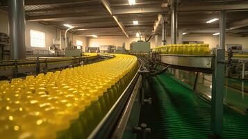 transportador cinturón para vegetal petróleo botellas dentro un vegetal petróleo producción fábrica. generativo ai foto