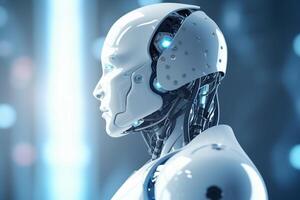 3d rendering humanoid robot with glowing lights in background, future technology concept photo