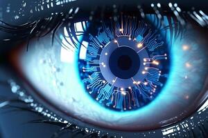 Close up view of eye with digital interface. 3d rendering toned image photo