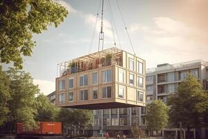 Construction of a modern office building in the city. 3d rendering photo