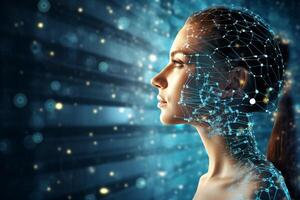Young woman robot body using tablet pc against abstract glowing background. 3d rendering photo