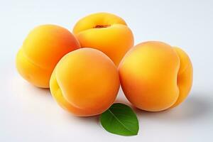 Apricots with leaves on a white background, close-up Ai Generated photo