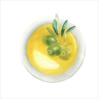 Green olives branch in olive oil bowl from top view. Hand drawn botanical illustration. Can be used for menu, product package, kitchen and food design vector