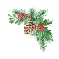 Christmas bouquet, corner. Forest pine branches with cone, Holly plant with red berries, cowberry, lingonberry. Watercolor hand painted illustration. Good for greeting cards, prints, stic vector