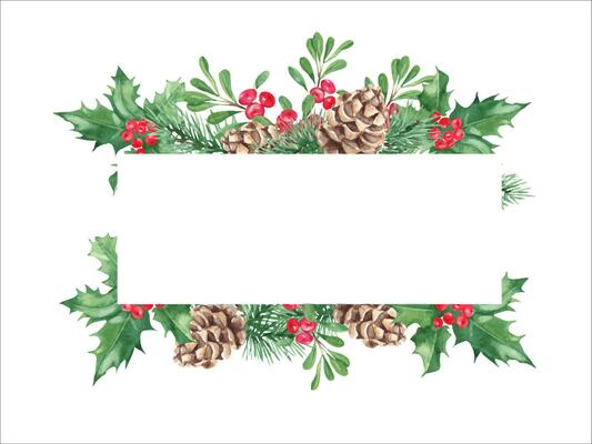 Christmas horizontal frame with winter plants, pine cone and branches, Holly plant with red berries, cowberry, lingonberry. Watercolor hand painted illustration. Good for cards, logos, decoration