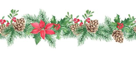 Horizontal watercolor Christmas border pattern. Hand drawn illustration. Pine cone and branches, Holly plant with red berries, poinsettia, cowberry, lingonberry. Can be used for fabric prints vector