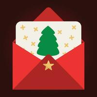 Open red envelope with Christmas tree and snowflakes. Vector illustration