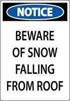 Notice Sign Beware Of Snow Falling From Roof vector