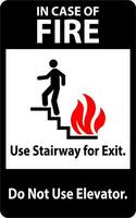 In Case Of Fire Sign Use Stairway For Exit, Do Not Use Elevator vector
