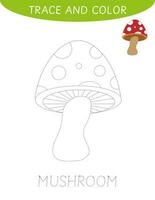 Trace and color worksheet for kid. Trace autumn mushroom activity. Fine motor skills exercise vector