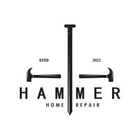 retro vintage crossed hammer and nail logo for home repair services, carpentry, badges, builders, woodworking, construction, vector