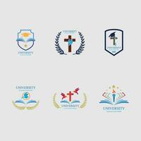 University and academy vector icons. Emblems or shields set for high school education graduates in maritime science, or law. Ribbons and badges of bachelor hat, laurel wreath, Vector Logo Template