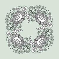The circular ornament with turtles and seaweed. Vector linear design.