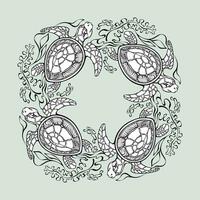 The circular ornament with turtles and seaweed. Vector linear design.