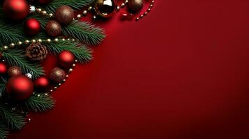 Red background,decorated with christmas ball, copy space top view, luxurious decoration background AI Generated photo