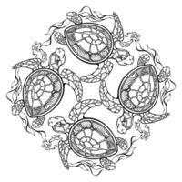 Outline pattern with turtles and seaweed. Coloring page. Hand-drawn vector. vector