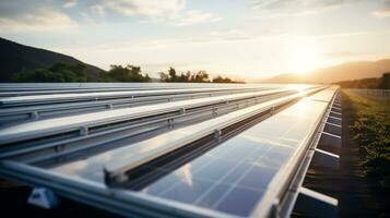 large solar panels at a solar farm with sun lighting to create the clean electric AI Generated photo